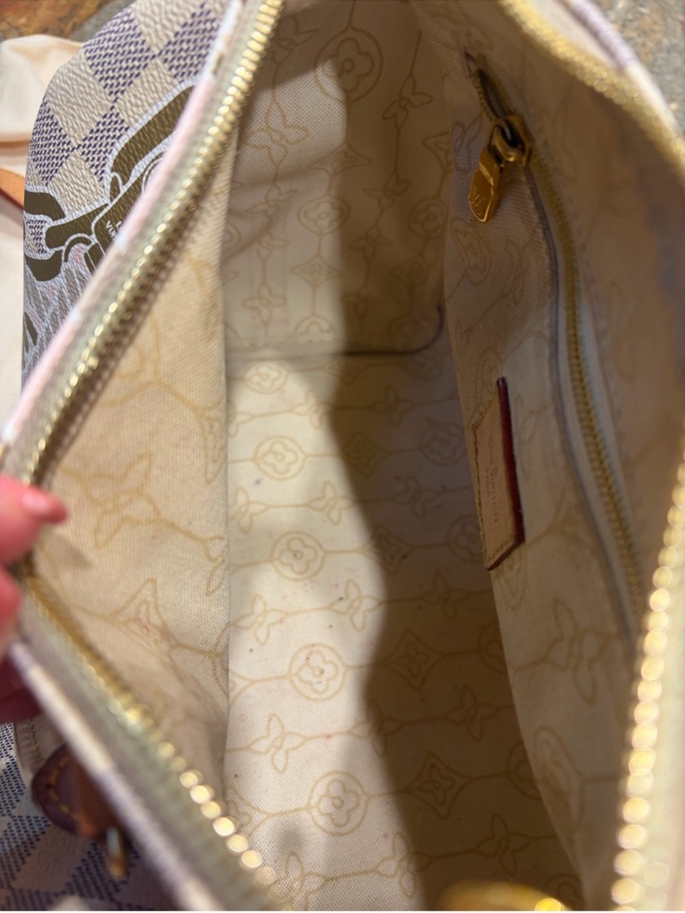 Louis Vuitton Damier Azur Satchel with Tan Leather Trim and Gold Chain Motif - Picture 8 of 8